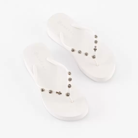 Women's White Flip-Flops Adorned with Metal Charms