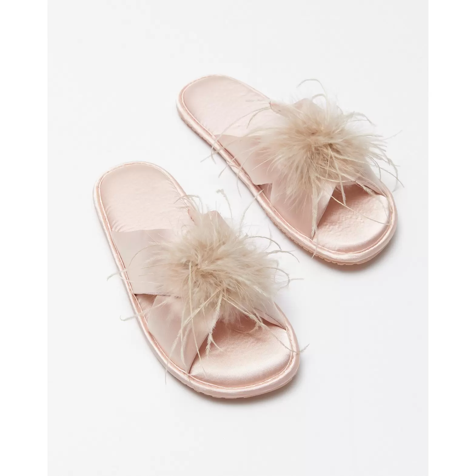 Women's light pink house slippers with feather trim