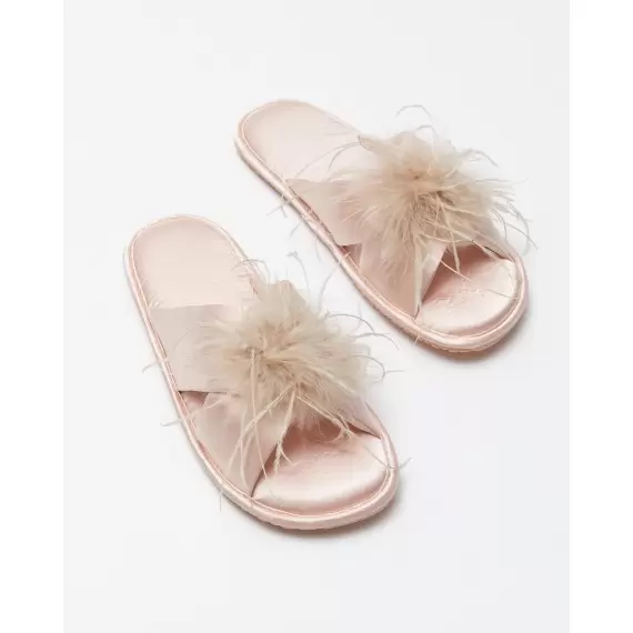 Women's light pink house slippers with feather trim