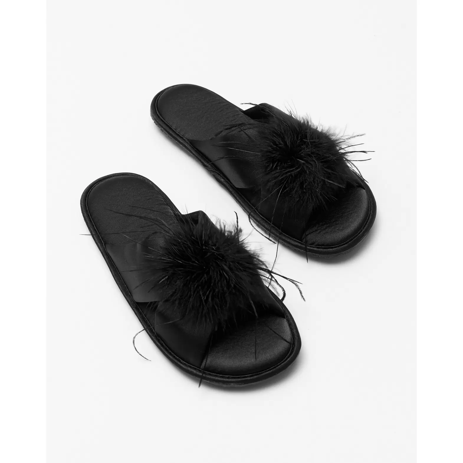 Women's black house slippers with feather trim