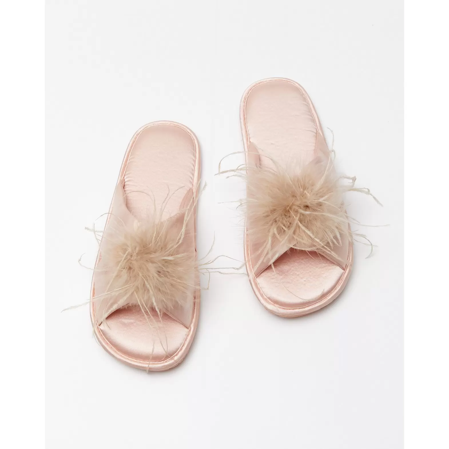 Women's light pink house slippers with feather trim