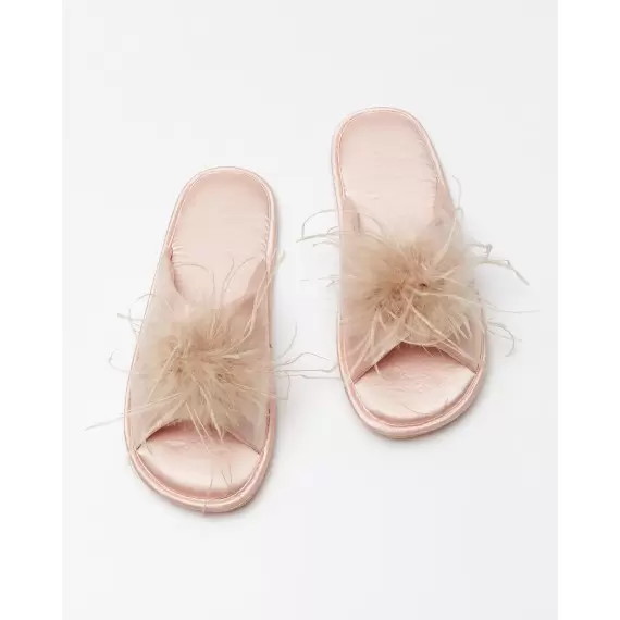 Women's light pink house slippers with feather trim