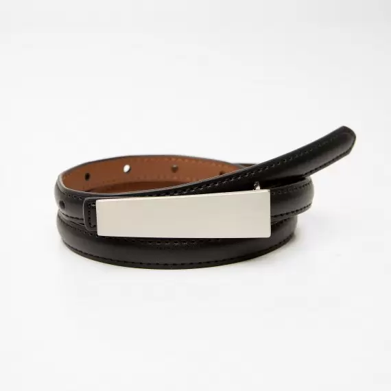 Women's leather belt for pants with metal buckle, width 1.5 cm, black