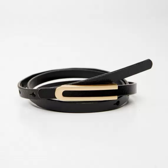 Women's leather belt for pants with metal buckle, width 1cm, black