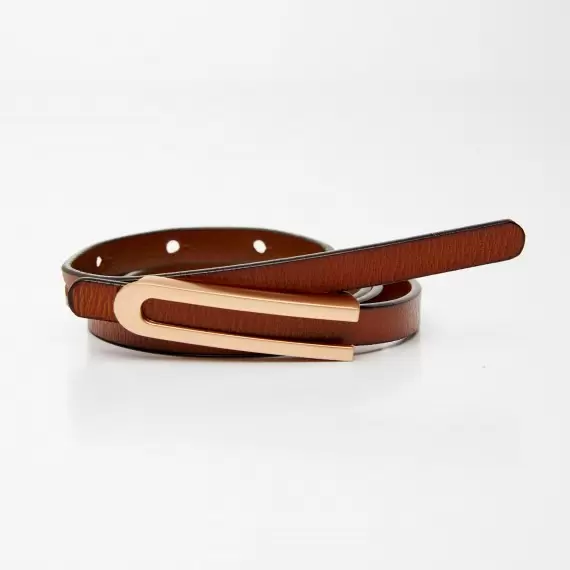 Women's leather belt for pants with metal buckle, width 1cm, brown