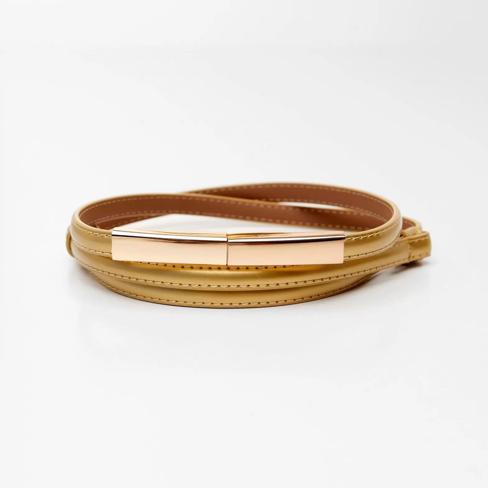 Women's leather belt for pants with metal buckle, width 1cm, golden