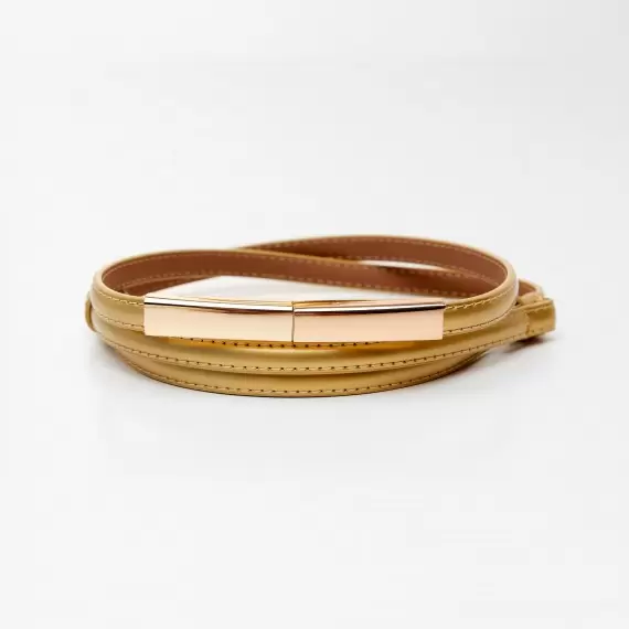 Women's leather belt for pants with metal buckle, width 1cm, golden